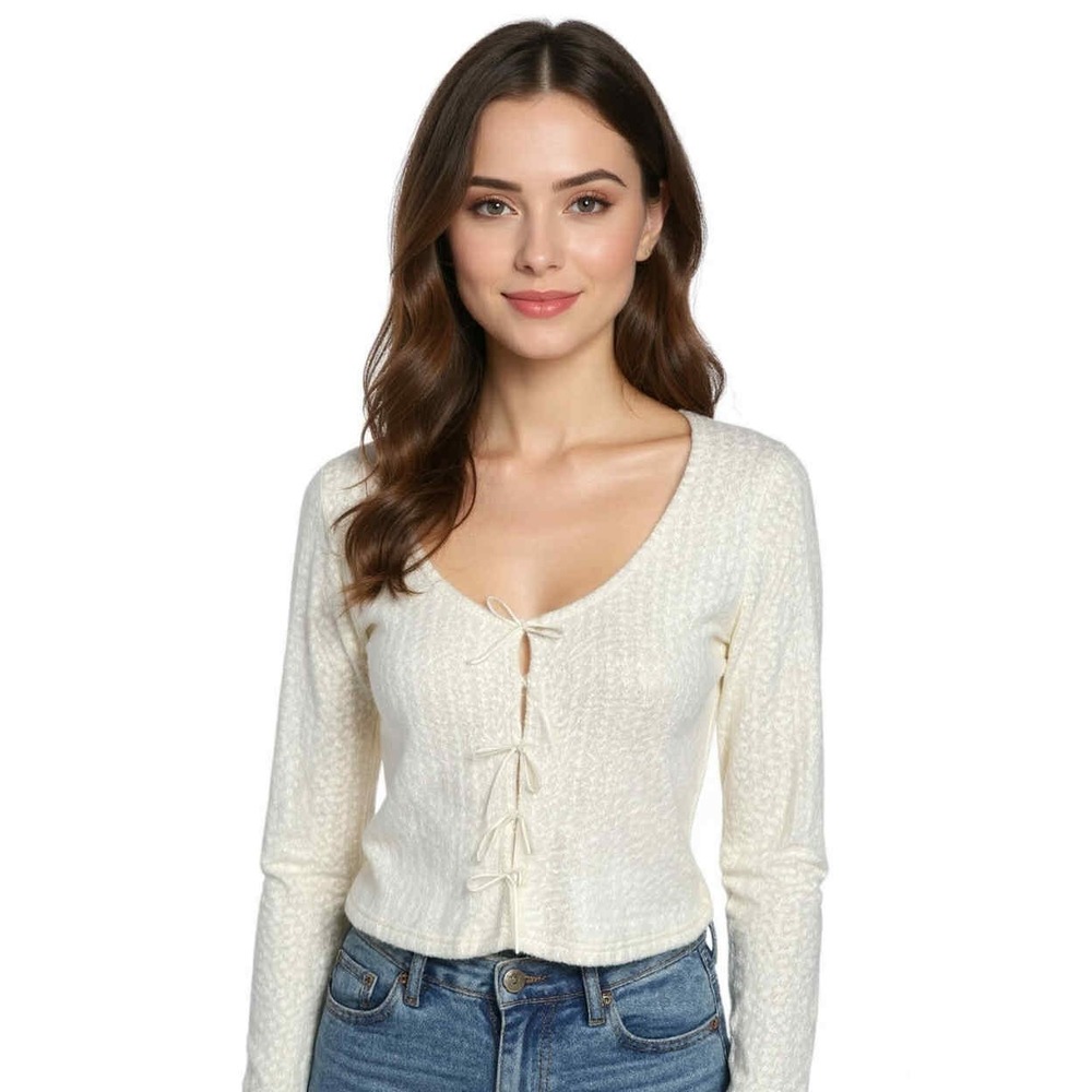 Hyfve Tie Front Cardigan Crop Top Light Sweater Ivory Size S Soft Boho‎ Romantic
